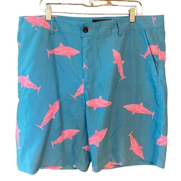 Passport Shorts Sz 40 Men’s Turquoise Pink Shark Print Bermudas Surf Shorts - Picture 1 of 6